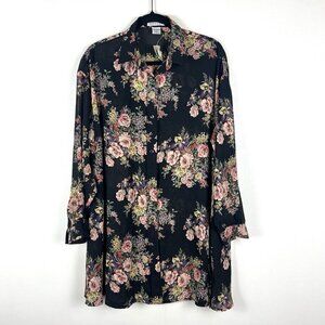 VTG Express Oversized Long Tunic Button Up Blouse S Dark Floral Sheer NWT 90s